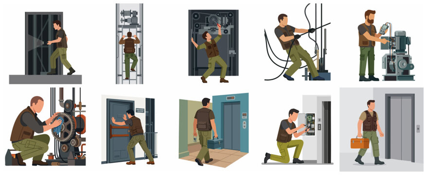 Elevator technician characters set, professional mechanic repairing and maintaining lifts, lift service maintenance worker in various poses and situations, vector illustration collection.