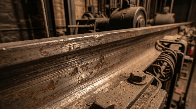Close up of a rusty metal guide rail and heavy hardware on a backstage theatre counterweight fly system
