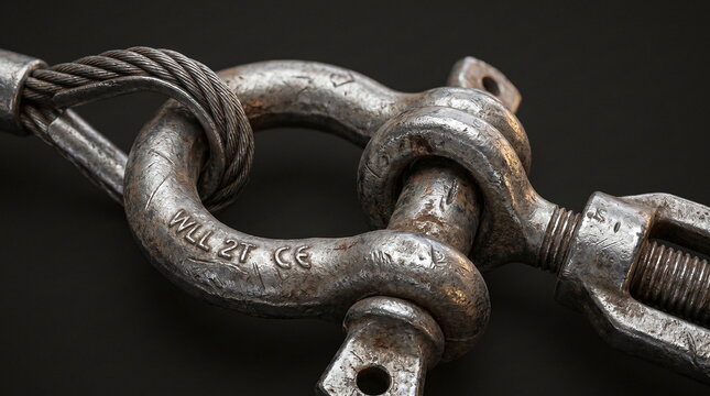 Close up of worn heavy duty galvanized steel stage rigging hardware with a stamped bow shackle and wire rope cable