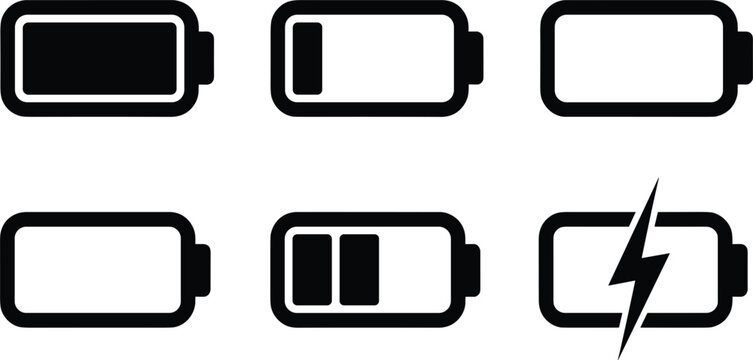 Battery Level Icons Showing Full to Empty Charge and Charging states energy