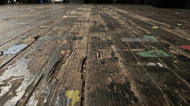Low angle view of a heavily worn wooden theatre stage floor with peeling black paint and colorful spike tape marks
