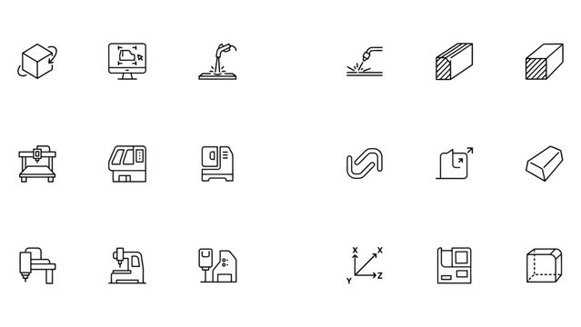 Manufacturing interface icons, CAD CNC machining and fabrication symbols vector artwork engineering design package set for industry today