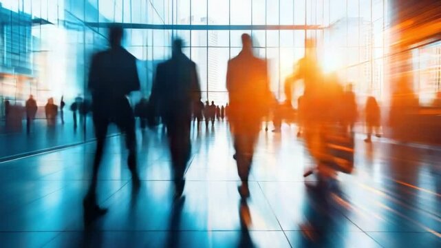 Blurred Business Motion: Silhouettes of business people move through a modern, bright lobby, with streaks of light and motion blur suggesting rapid activity and urban energy.