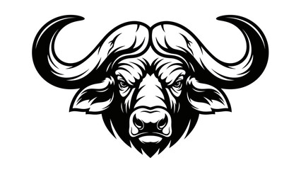 Fototapeta premium Aggressive African Buffalo Head Mascot Black and White Vector Illustration