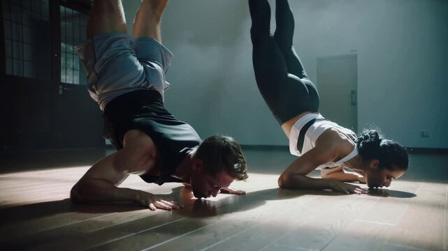 Doing explosive push-ups in sync, training pair starting on wood floor under lights in gym gear