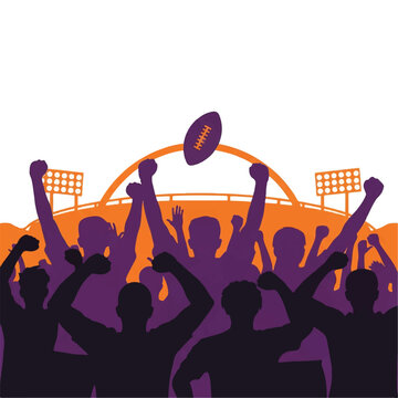 Subject: Silhouettes of diverse football fans with arms raised in victory, cheering in front of a simplified stadium arc. Lighting: Solid backlight effect. Mood: Triumphant and communal.