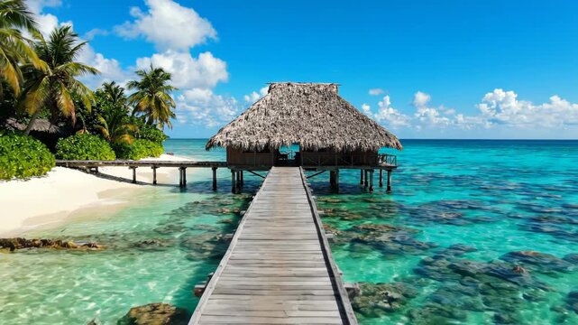 A tropical island getaway with a wooden pier leading to a thatched hut over crystal clear turquoise ocean water