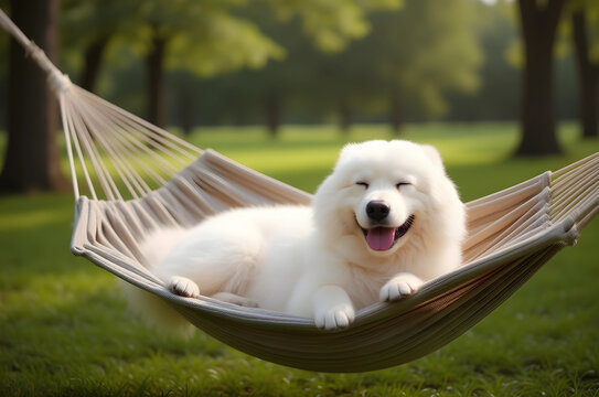 happy samoyed dog relaxing in hammock outdoors