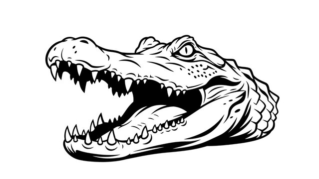 Black and White Line Art Illustration of an Alligator Head with Open Jaws