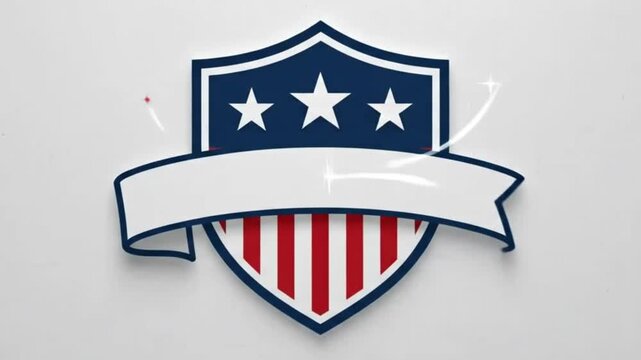 A stylized shield emblem featuring the american flag design with blue top and red and white vertical stripes