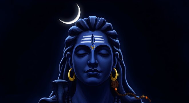 Lord Shiva meditating portrait with crescent moon and sacred tilak on dark blue background illustration