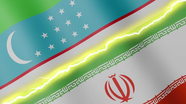 Two waving flags Uzbekistan and Iran with diagonal lightning seamless, 4k loop