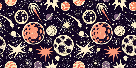 Retro Space Themed Vector Pattern With Planets Comets And Stars © Sujal