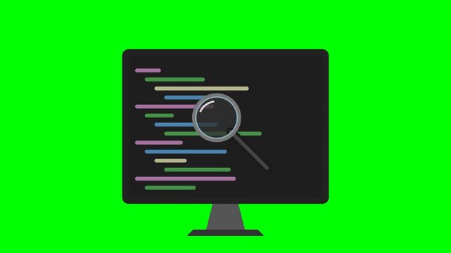 Computer screen scanning code for malware with magnifying glass on green screen background