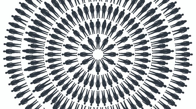 Concentric circles of diverse human silhouettes standing together in a geometric pattern on white background, symbolizing global community networking and teamwork collaboration