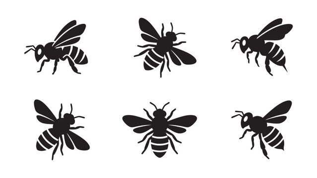 Set of bee silhouettes in various poses and flight positions.