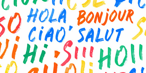 Multilingual Hello Typography Colorful Watercolor Pattern On White Background © Sujal