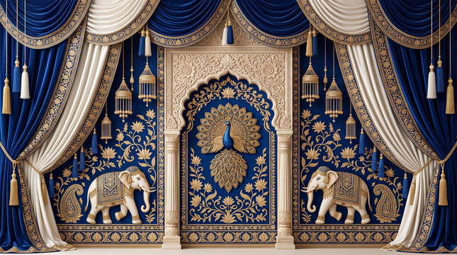 Luxury Royal Indian Wedding Stage Backdrop with Blue Velvet Drapes, Ornate Peacock Arch and Golden Elephant Embroidery
