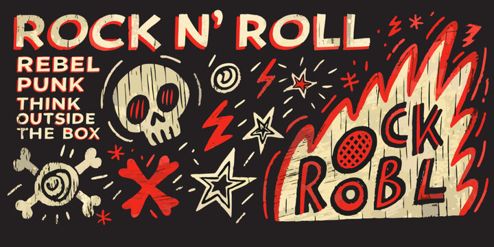 Rock and roll themed graphic design red and yellow on black background