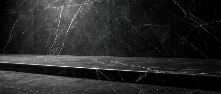 Dramatic dark Nero Marquina marble platform and wall create an opulent product showcase backdrop. Perfect for luxury brand campaigns, cosmetic launches, jewelry, and high end retail visuals.