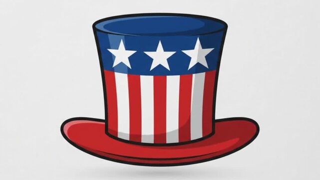 Graphic illustration of a patriotic top hat featuring red and white stripes and blue stars, stylized design for american holiday celebrations
