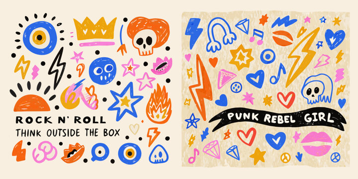 Punk rock themed doodle collection colorful vector illustration