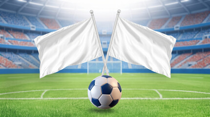 Naklejka premium Football grass field flagpole stadium flag soccer ball white sport