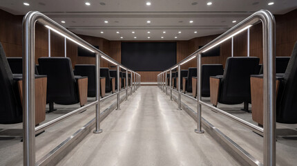 Obraz premium Professional Architectural Photo Showing Sleek Metal Handrails Guiding Down The Aisle Of Technology Lecture Room