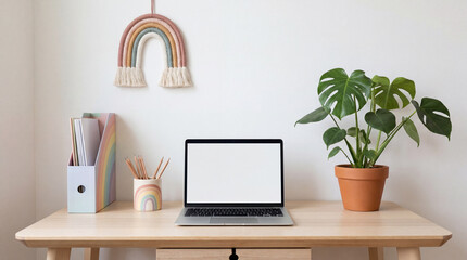 Fototapeta premium Minimal Home Office Setup Featuring Blank Laptop Soft Rainbow Accents And Simple Creative Desk Organizers