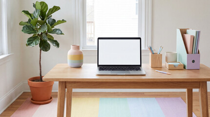 Fototapeta premium Minimalist Home Office Workspace Template With Blank Laptop Screen Soft Rainbow Accents And Simple Organizers