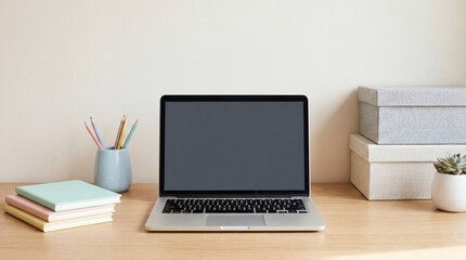 Fototapeta premium Minimalist Productivity Desk Setup Mockup With Blank Laptop Screen Pastel Workspace Accessories Ceramic Pen Holder