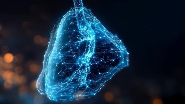A digital model of the human lungs, consisting of glowing blue lines and dots against a dark background with a bokeh effect, symbolises modern medical technology, serving as a scientific backdrop for 