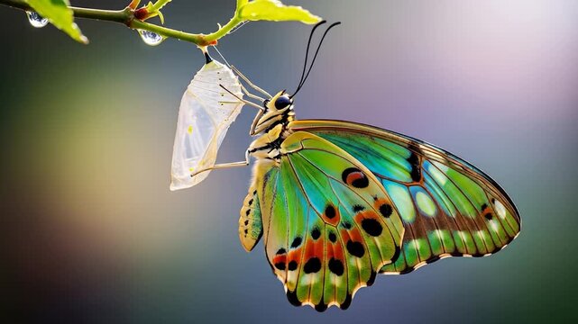 Butterfly emerges from chrysalis on branch, wings of green, blue, and orange unfurled