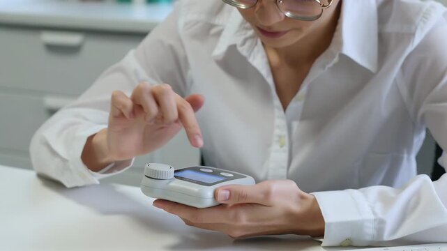 Bringing woman securing module onto handheld medical device at clinic counter, preparing for use