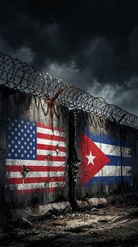 United States and Cuba flags painted on a cracked concrete border wall topped with razor barbed wire under a dark stormy sky