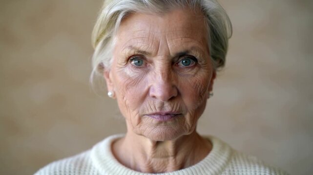 Recording starting senior woman holding gaze in studio, cream knit sweater and pearl studs visible