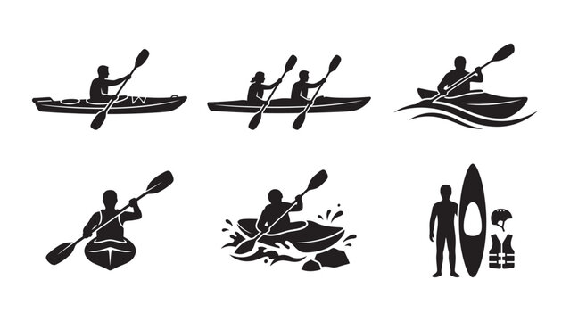 Set of kayaking and canoeing vector silhouette icons.