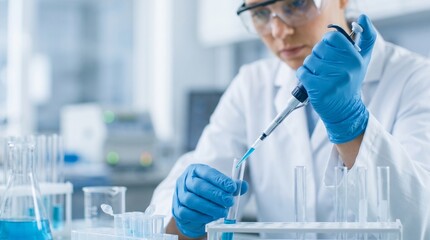 Fototapeta premium Scientist Using Micropipette in Modern Science Laboratory, Biotechnology and Medical Research Concept, Biomedical Research and Pharmaceutical Testing
