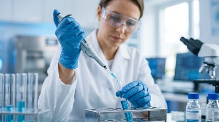 Fototapeta premium Scientist Using Micropipette in Modern Science Laboratory, Biotechnology and Medical Research Concept, Biomedical Research and Pharmaceutical Testing
