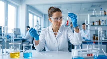 Fototapeta premium Scientist Examining Test Tube in Modern Laboratory, Medical Research of Lab Staff Worker, Biotechnology, Pharmaceutical Analysis, Scientific Experiment and Healthcare Innovation