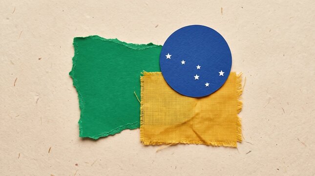 Abstract flat lay with torn green paper, yellow fabric and a blue circle with white stars on a textured beige background, minimalist Brazilian flag concept for Independence Day design