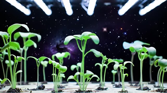 Seedlings in a tray under grow lights against a starry, nebulous space background