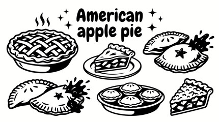 American apple pie vector collection isolated for traditional desserts, bakery products, holiday meals, and classic American cuisine concepts. Black and white sketch style featuring