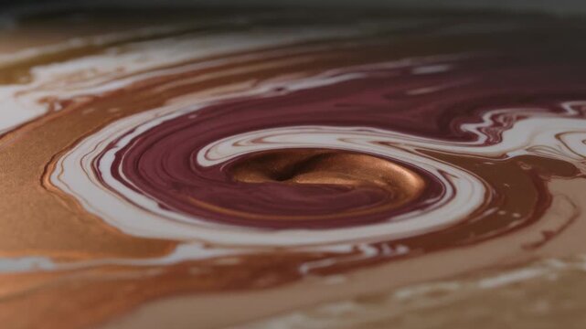 Forming center dent, pooled paints pulling ringed layers inward on white table, showing copper core