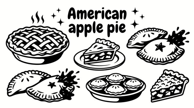 American apple pie vector collection isolated for traditional desserts, bakery products, holiday meals, and classic American cuisine concepts. Black and white sketch style featuring