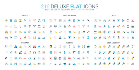 Comprehensive flat icon set covering travel, identification, visa, contact, justice, and user account themes, designed for modern digital interfaces isolated vector illustration © Iconic Prototype