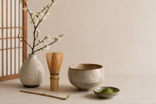Minimalist Matcha Tea Ceremony Set, Bamboo Chasen Whisk, Ceramic Bowl, Chashaku Scoop, Matcha Powder, White Sakura Cherry Blossom Vase, Zen Lifestyle