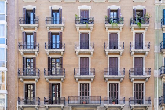 Barcelona, Traditional Residential Building Facade With Balconies, Eixample District, Symmetry Architecture