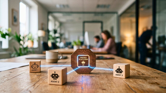 Three robot-icon wooden blocks around central glowing microchip block with thin connecting lines on office desk, AI platform consolidation concept, multi-agent unified system