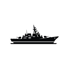 Modern warship silhouette sailing on a calm sea during daylight with a clean white background for commercial use © Fahim
